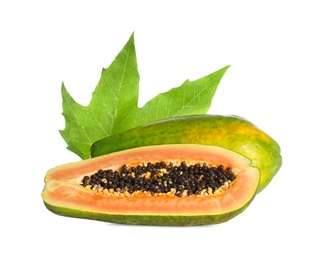 Photo of Fresh juicy ripe papayas with leaf on white background