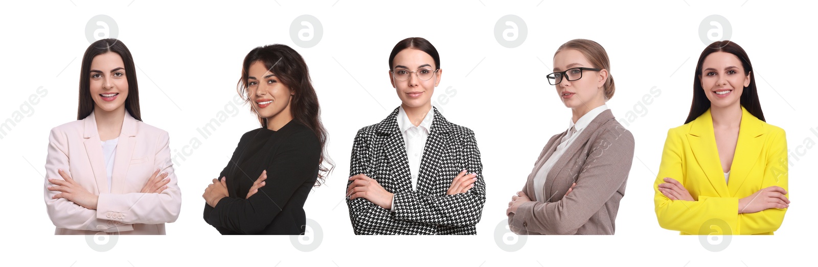 Image of Collage with photos of businesspeople with crossed arms on white background