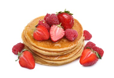 Photo of Tasty pancakes with fresh berries and honey on white background