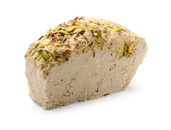 Photo of Piece of tasty halva with pistachios isolated on white