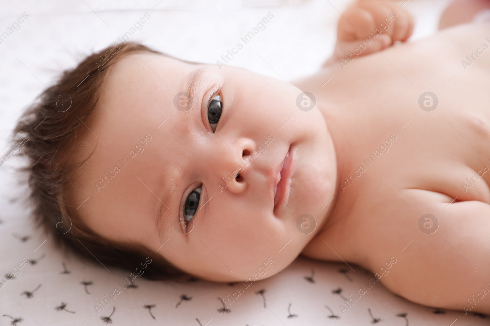 Photo of Cute little baby lying on soft blanket, closeup