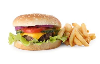 Delicious burger and french fries on white background