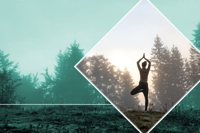 Image of Woman practicing yoga near forest, back view. Color tone effect