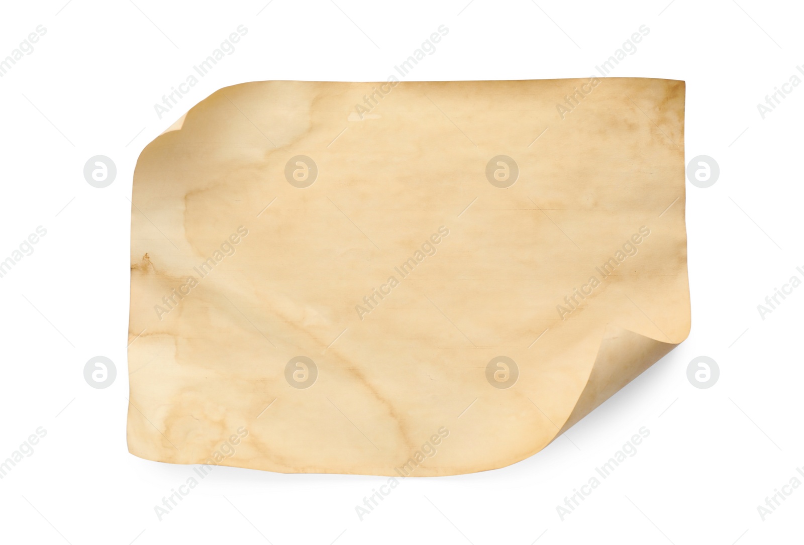 Photo of Sheet of old parchment paper isolated on white, top view. Space for design