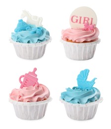 Image of Setdecorated baby shower cupcakes with blue and pink cream on white background
