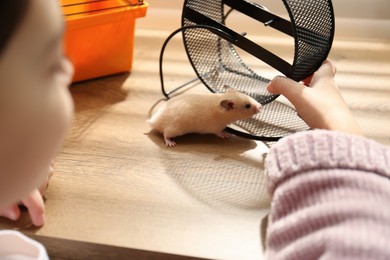 Photo of Little girl playing with her hamster at wooden table indoors, closeup