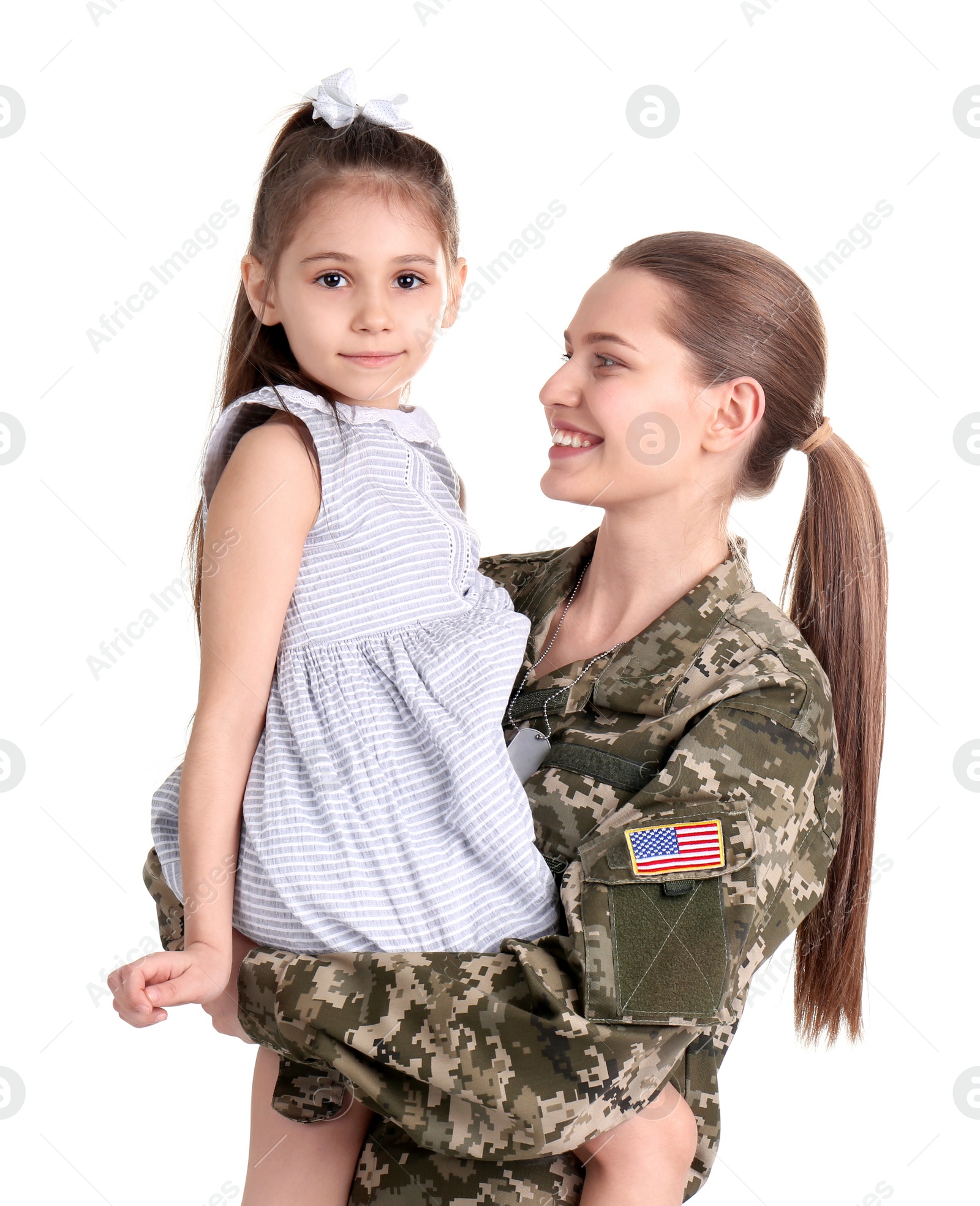 Photo of Female soldier with her daughter on white background. Military service