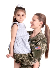 Female soldier with her daughter on white background. Military service