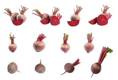 Image of Collage with fresh ripe beetroots on white background