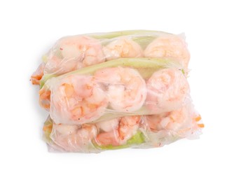 Photo of Tasty spring rolls on white background, top view