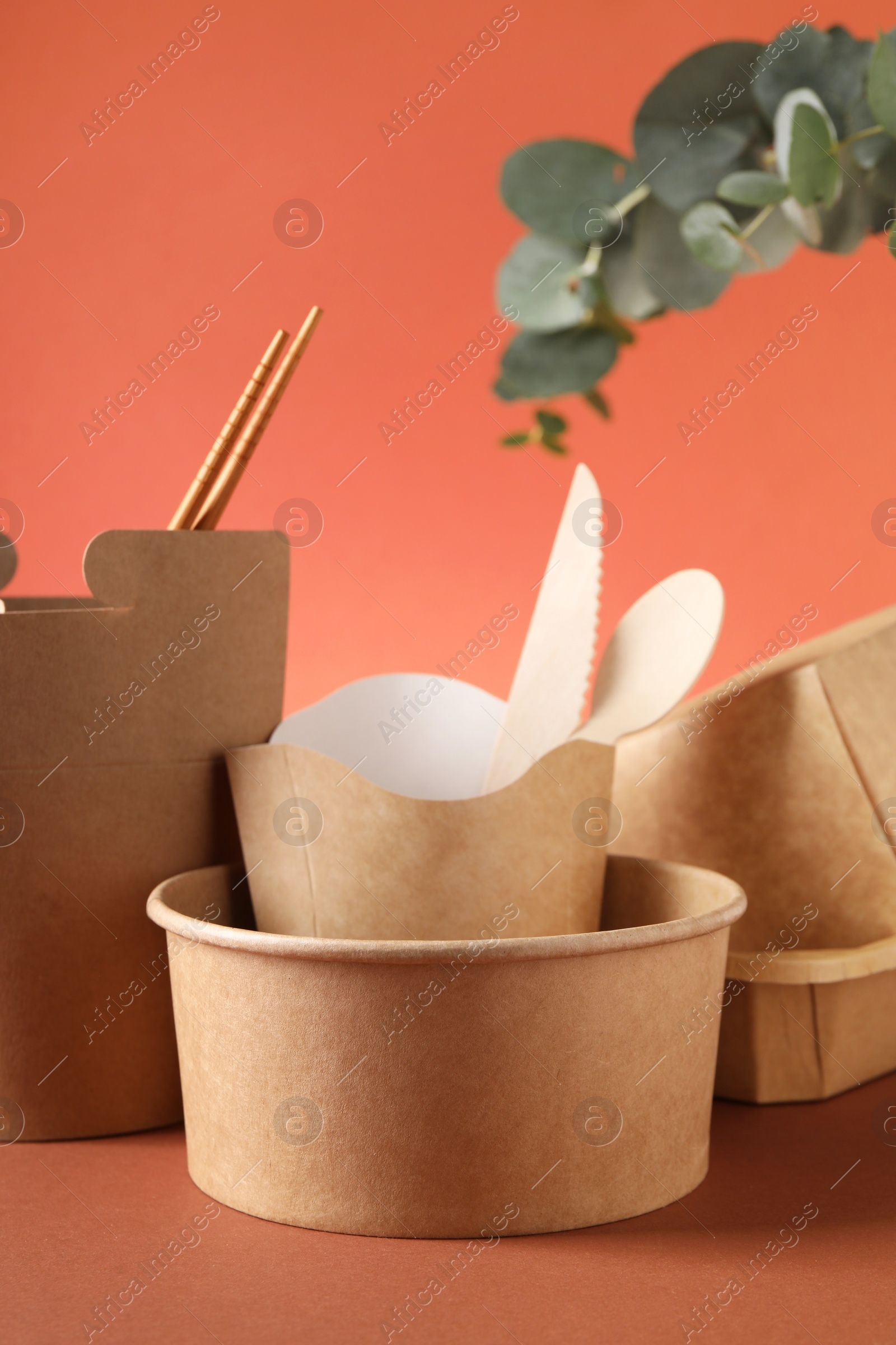 Photo of Eco friendly food packaging. Paper containers, tableware and eucalyptus branch on color background