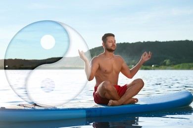 Image of Man meditating on SUP board on river at sunset. Yin and yang symbol