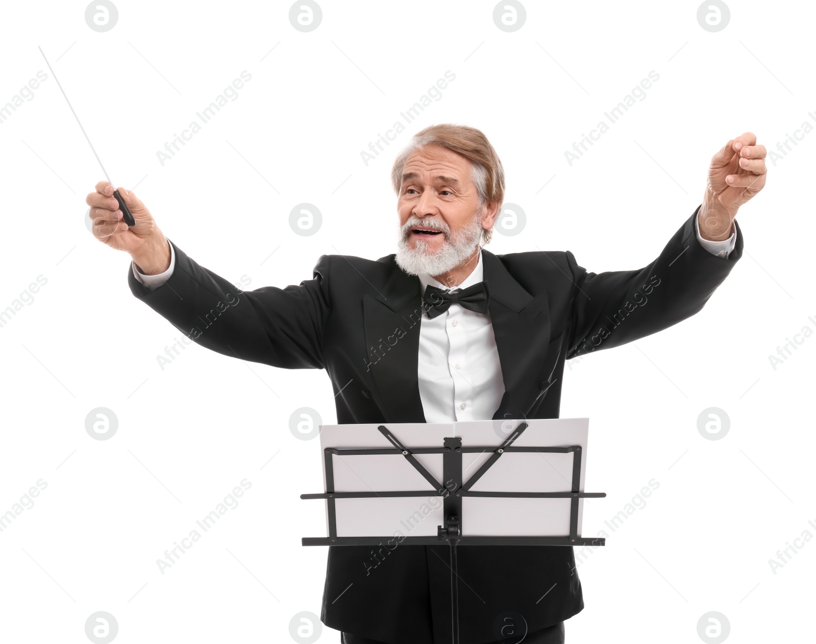 Photo of Professional conductor with baton and note stand on white background