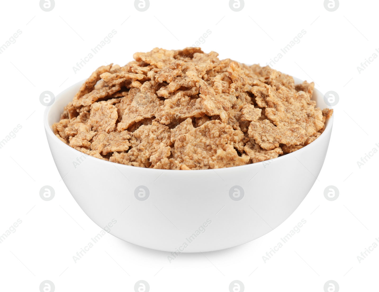 Photo of Bowl of delicious crispy breakfast cereal on white background