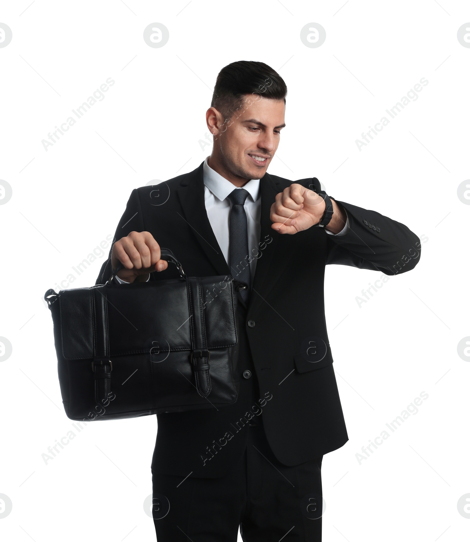 Photo of Businessman with stylish leather briefcase on white background