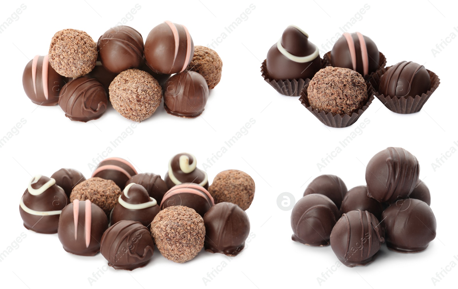 Image of Set with delicious sweet chocolate truffles on white background