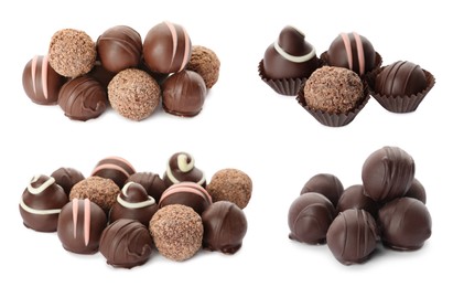 Image of Set with delicious sweet chocolate truffles on white background