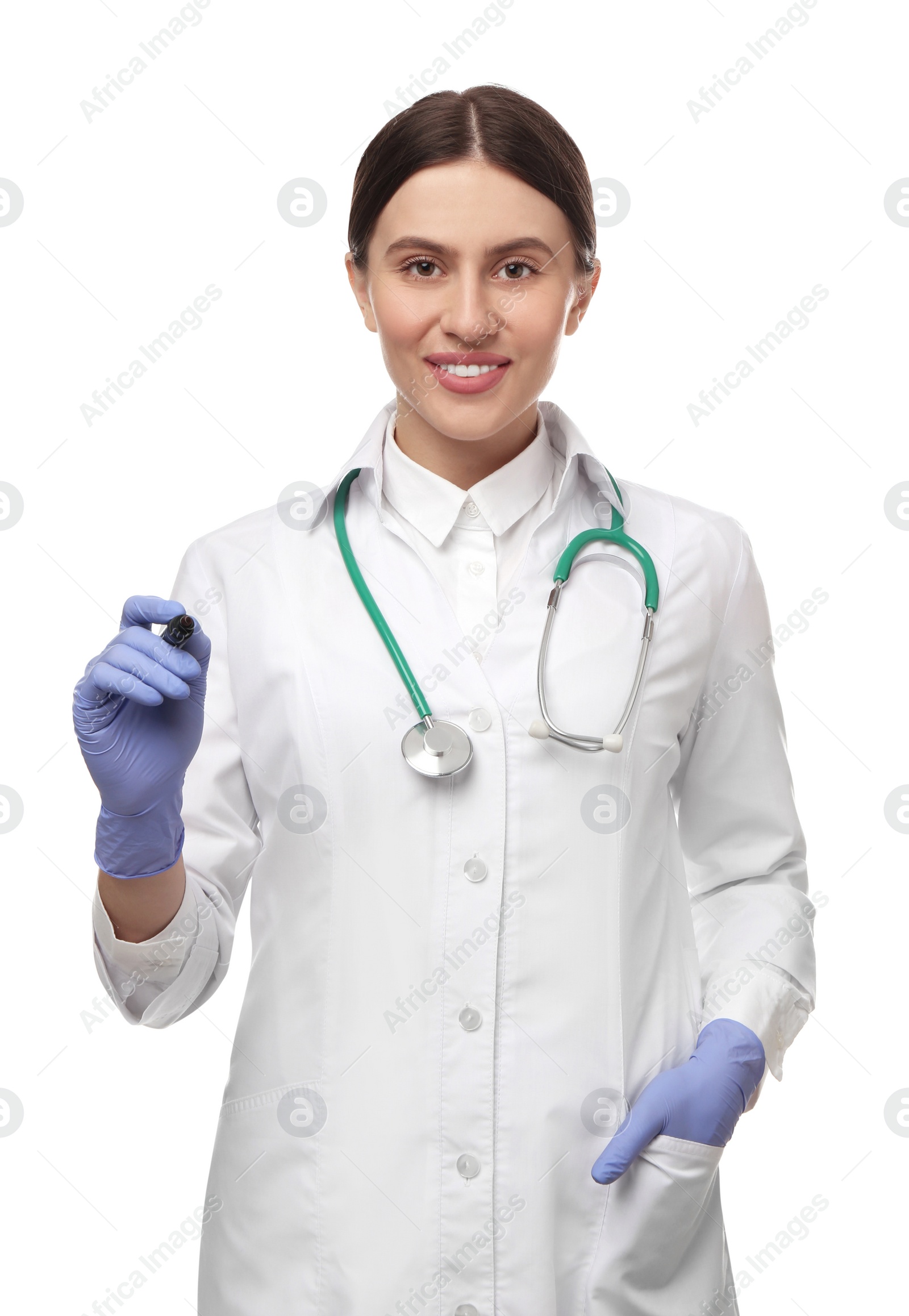 Photo of Doctor with stethoscope and marker on white background. Cardiology concept