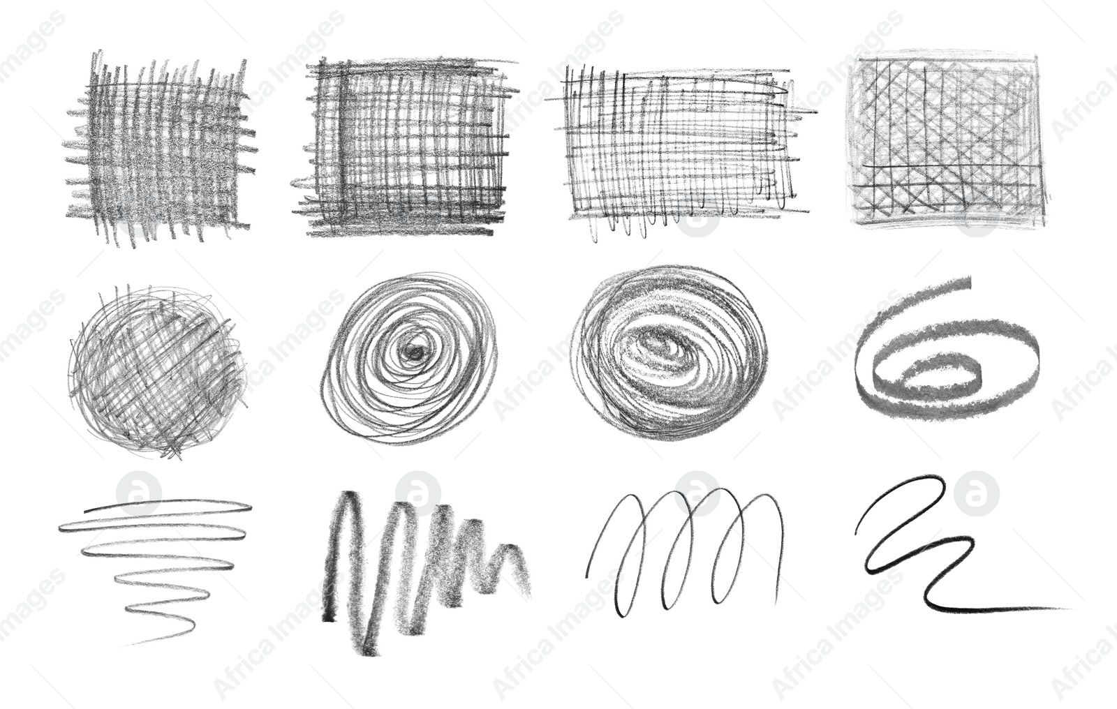 Image of Set with hand drawn pencil scribble on white background, top view