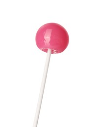 Photo of Tasty pink lollipop isolated on white. Confectionery product