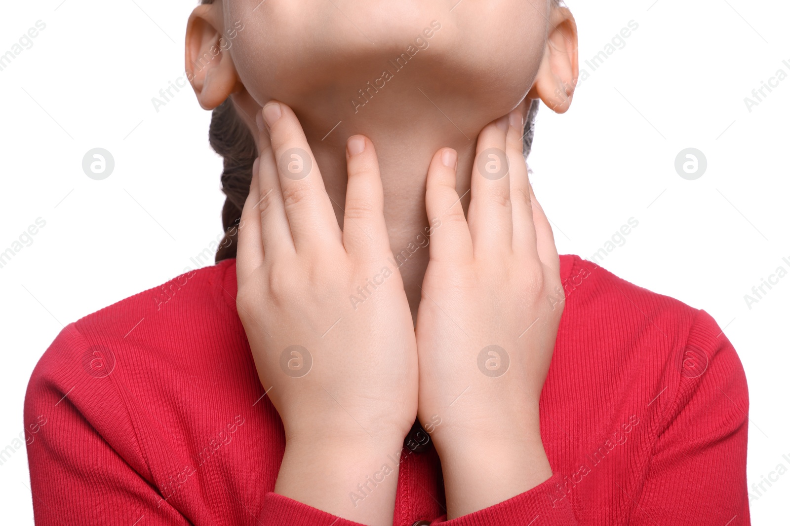 Photo of Girl suffering from sore throat on white background, closeup