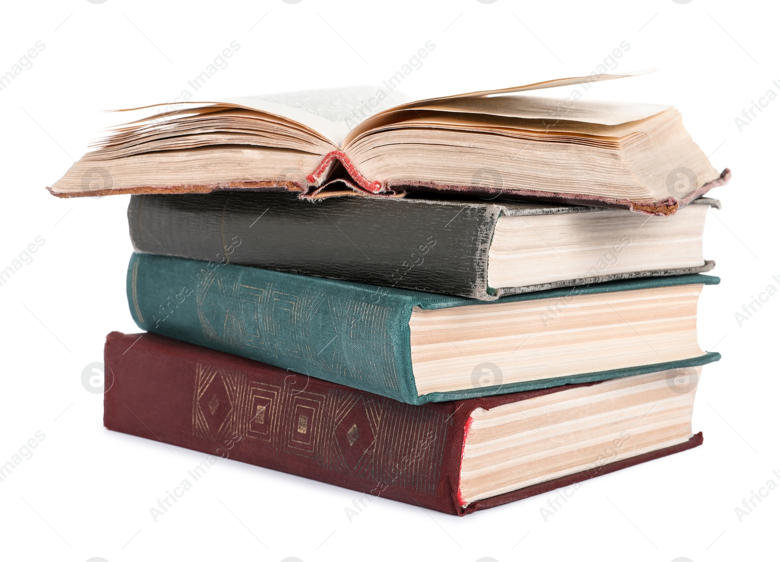 Photo of Stack of many old hardcover books isolated on white