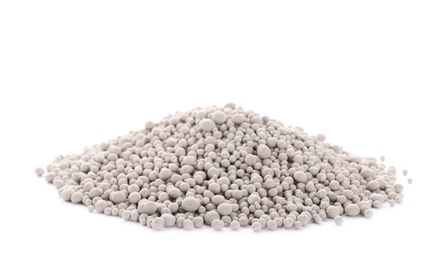 Photo of Pile of chemical fertilizer isolated on white. Gardening time