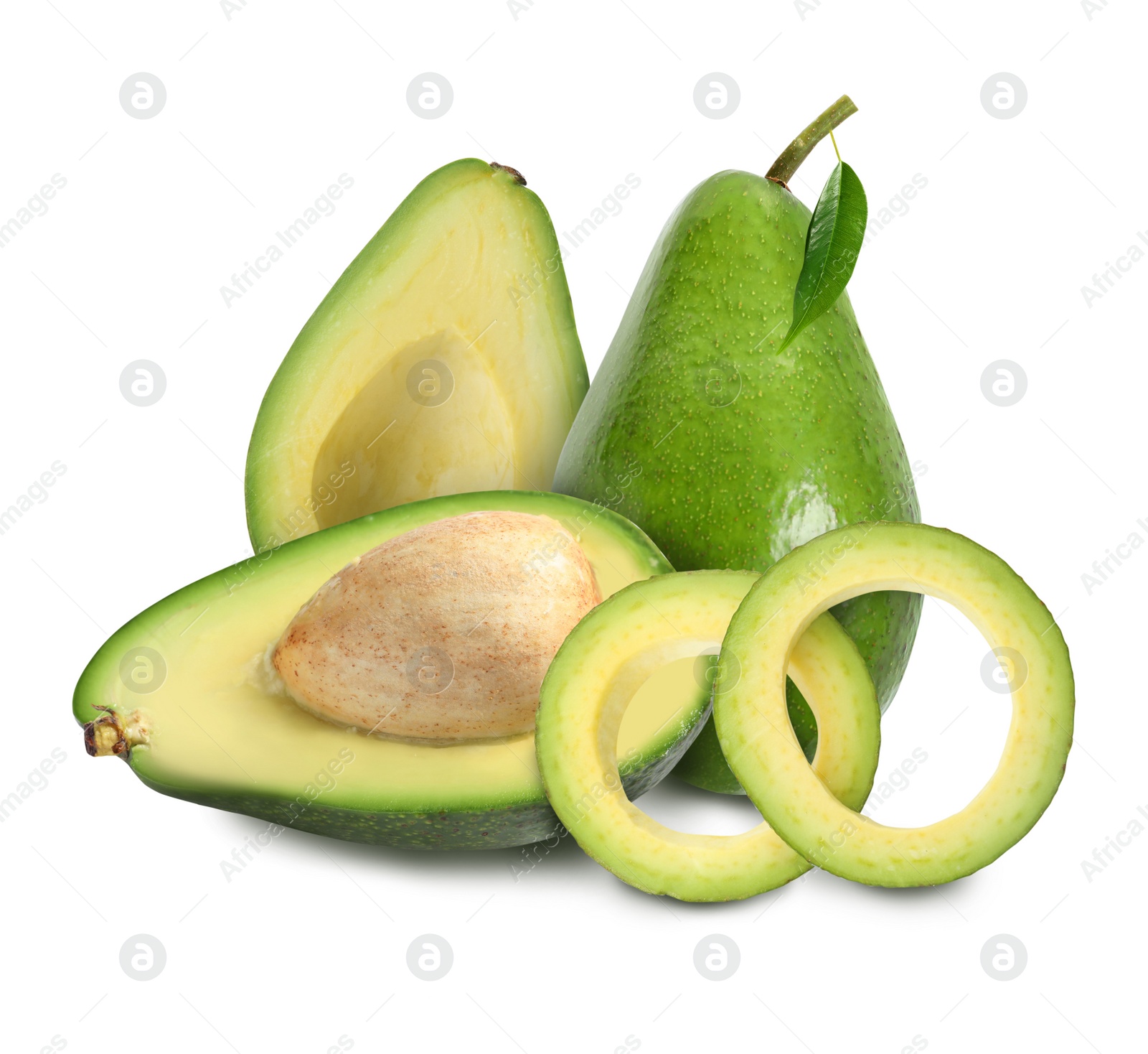 Image of Cut and whole fresh avocados on white background