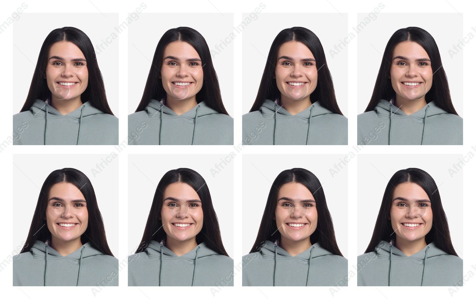 Image of Passport photo, collage. Woman on white background, set of photos