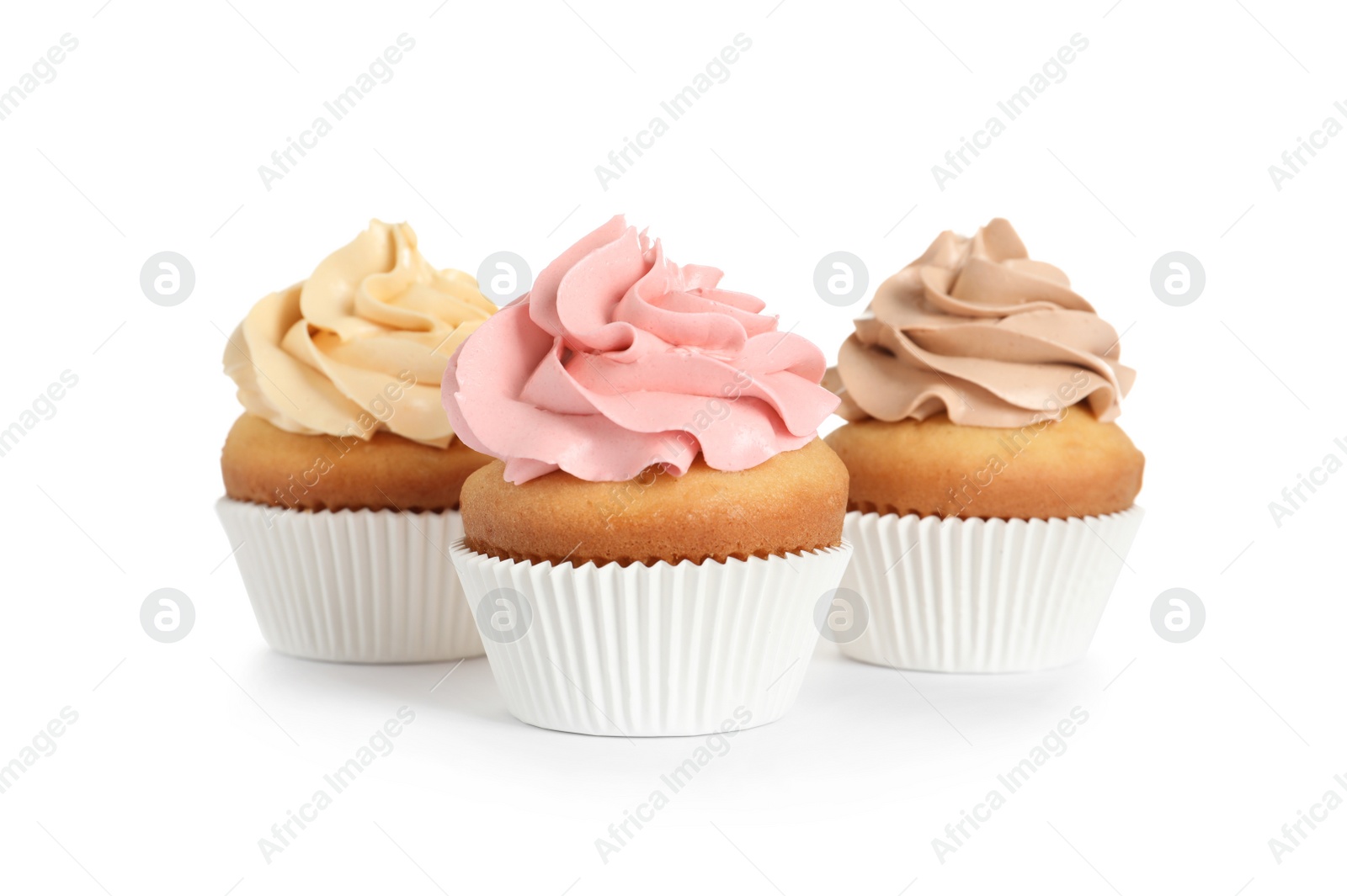 Photo of Delicious birthday cupcakes on white background