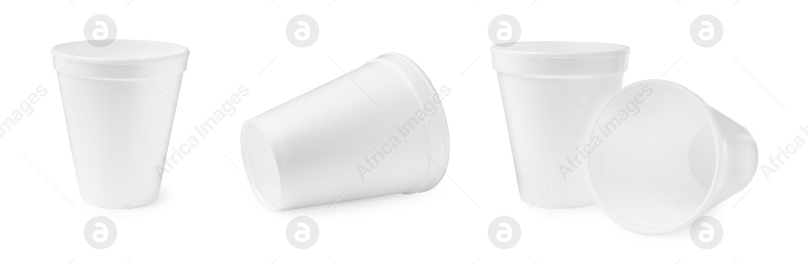 Image of Set with styrofoam cups on white background. Banner design