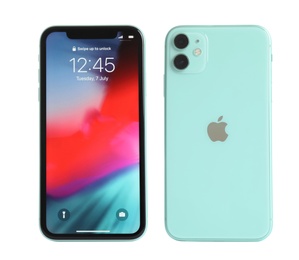 Image of MYKOLAIV, UKRAINE - JULY 07, 2020: New modern iPhone 11 with lock screen on white background, back and front views