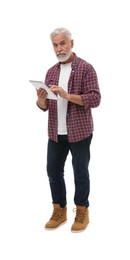 Photo of Senior man using tablet on white background