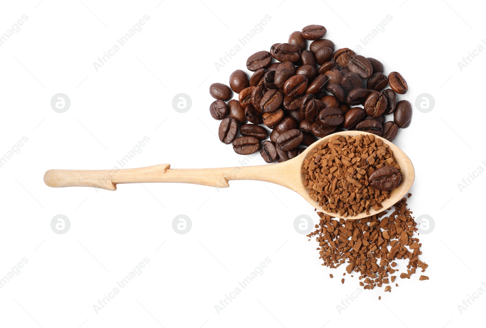 Photo of Wooden spoon of instant coffee and beans on white background, top view