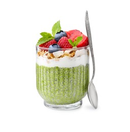Photo of Tasty matcha chia pudding with oatmeal and berries on white background. Healthy breakfast