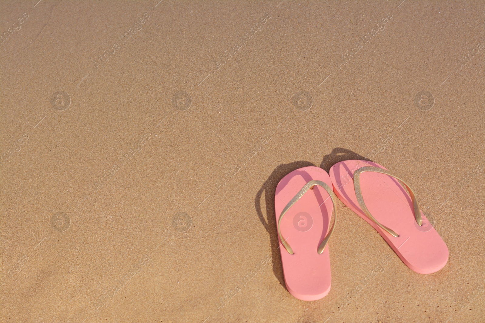 Photo of Stylish flip flops on sandy beach, above view. Space for text