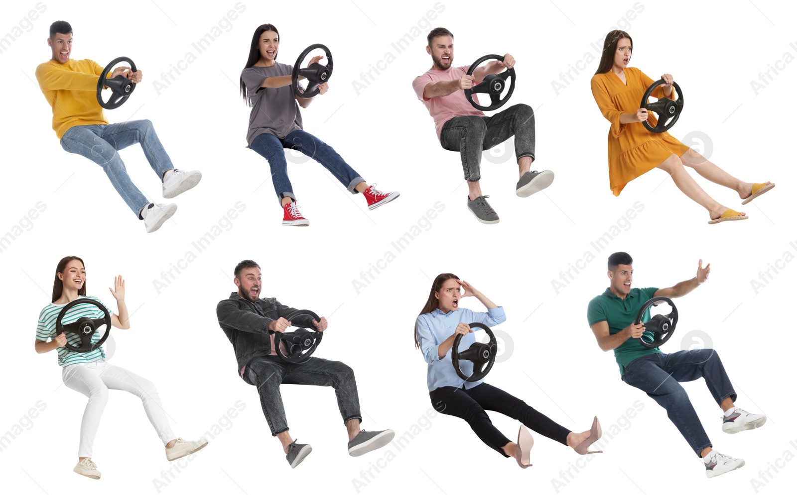 Image of Emotional people with steering wheels on white background, collage