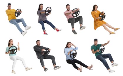 Image of Emotional people with steering wheels on white background, collage