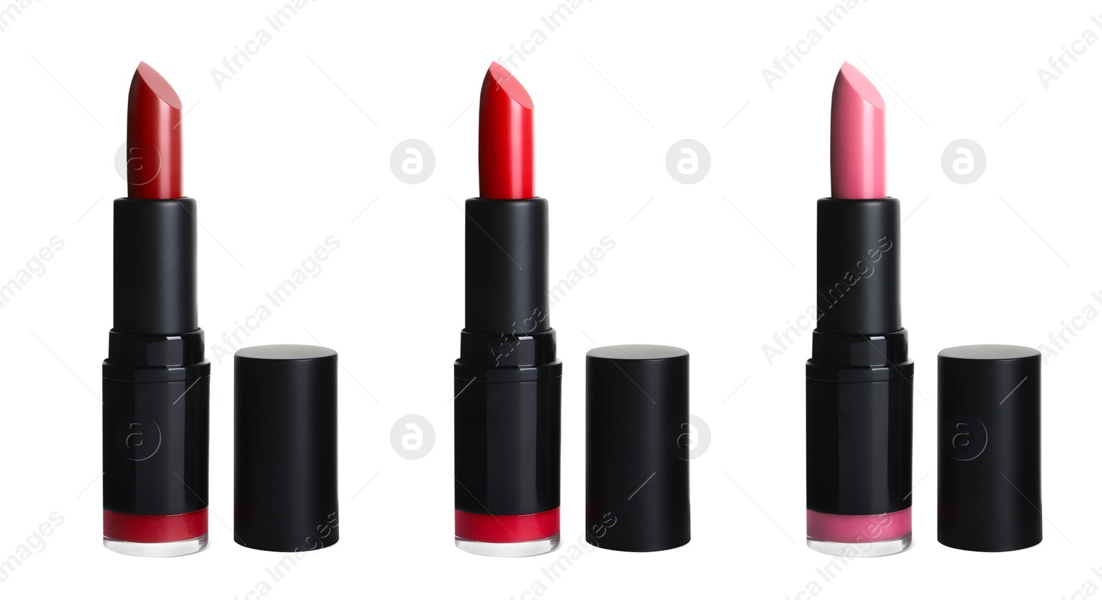 Image of Set with different beautiful lipsticks on white background