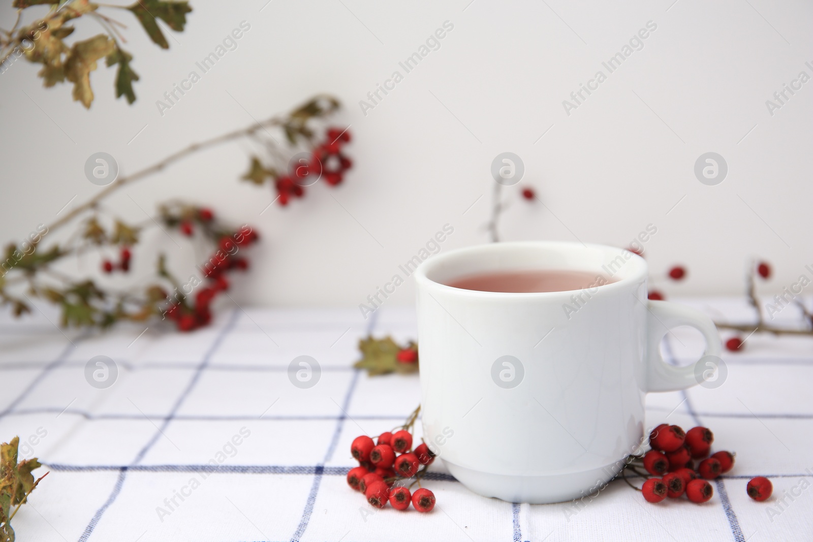 Photo of Cup with hawthorn tea and berries on table. Space for text