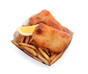 Photo of Tasty fish and chips with lemon in paper box isolated on white