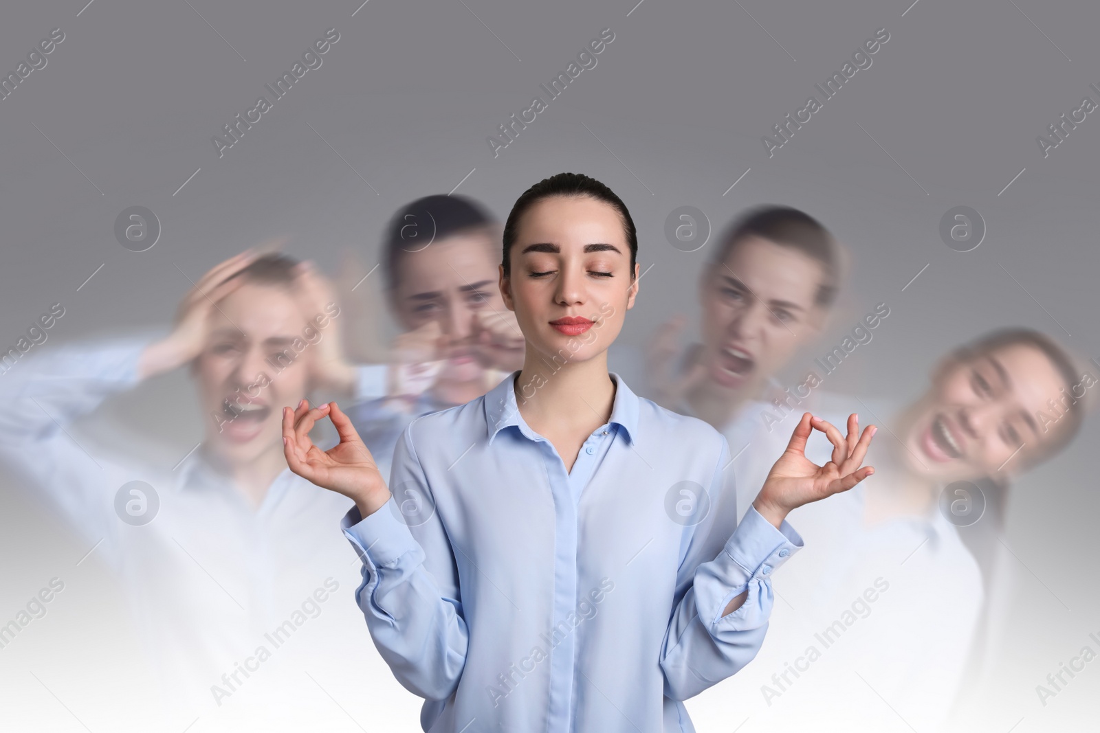 Image of Woman with personality disorder on light background, multiple exposure 