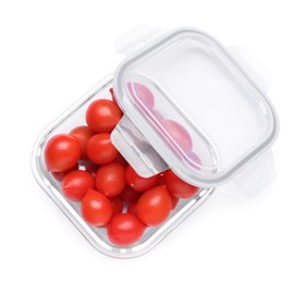 Glass container with fresh cherry tomatoes and lid isolated on white, top view