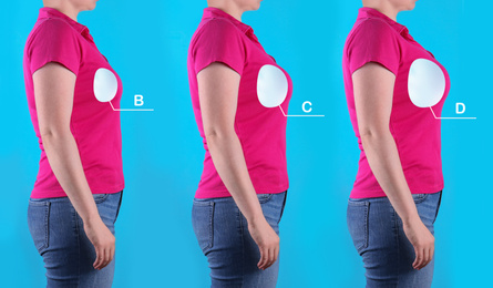 Collage with photos of woman demonstrating different implant sizes for breast on blue background, closeup. Banner design 