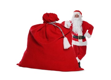 Image of Santa Claus with big red bag full of Christmas presents on white background