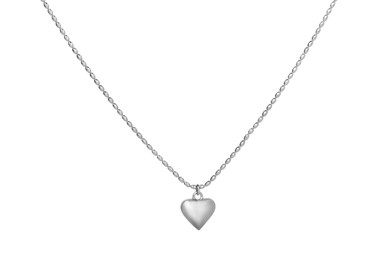 Photo of One metal chain with heart pendant isolated on white. Luxury jewelry