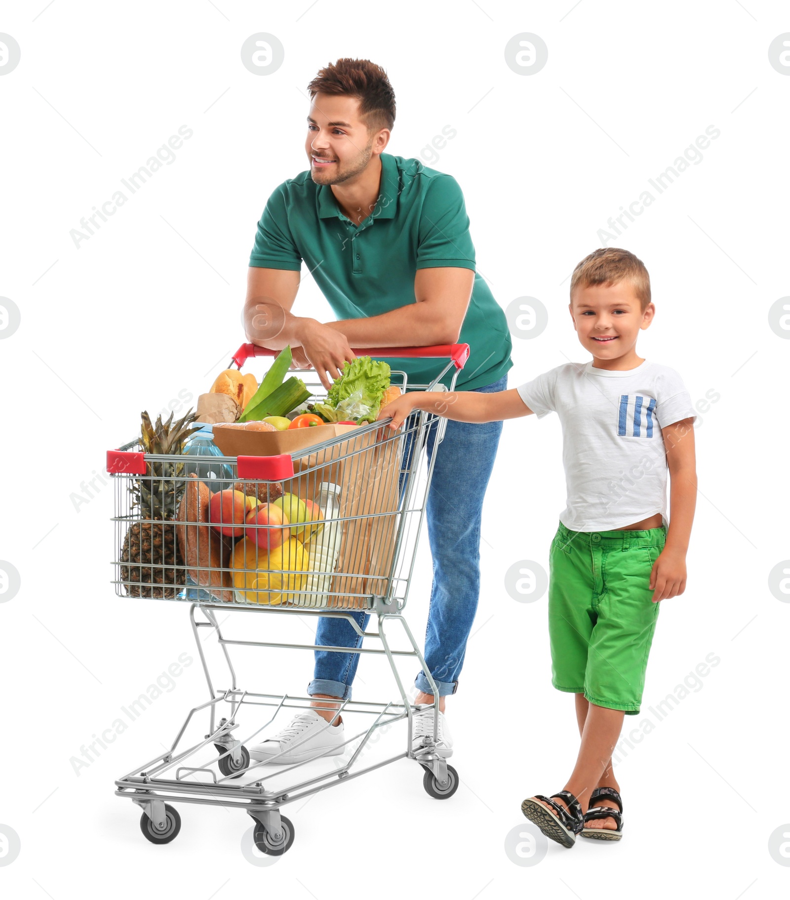 Photo of Father and son with full shopping cart on white background