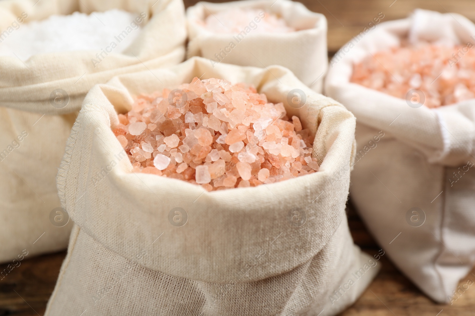 Photo of White sack of pink himalayan salt, closeup