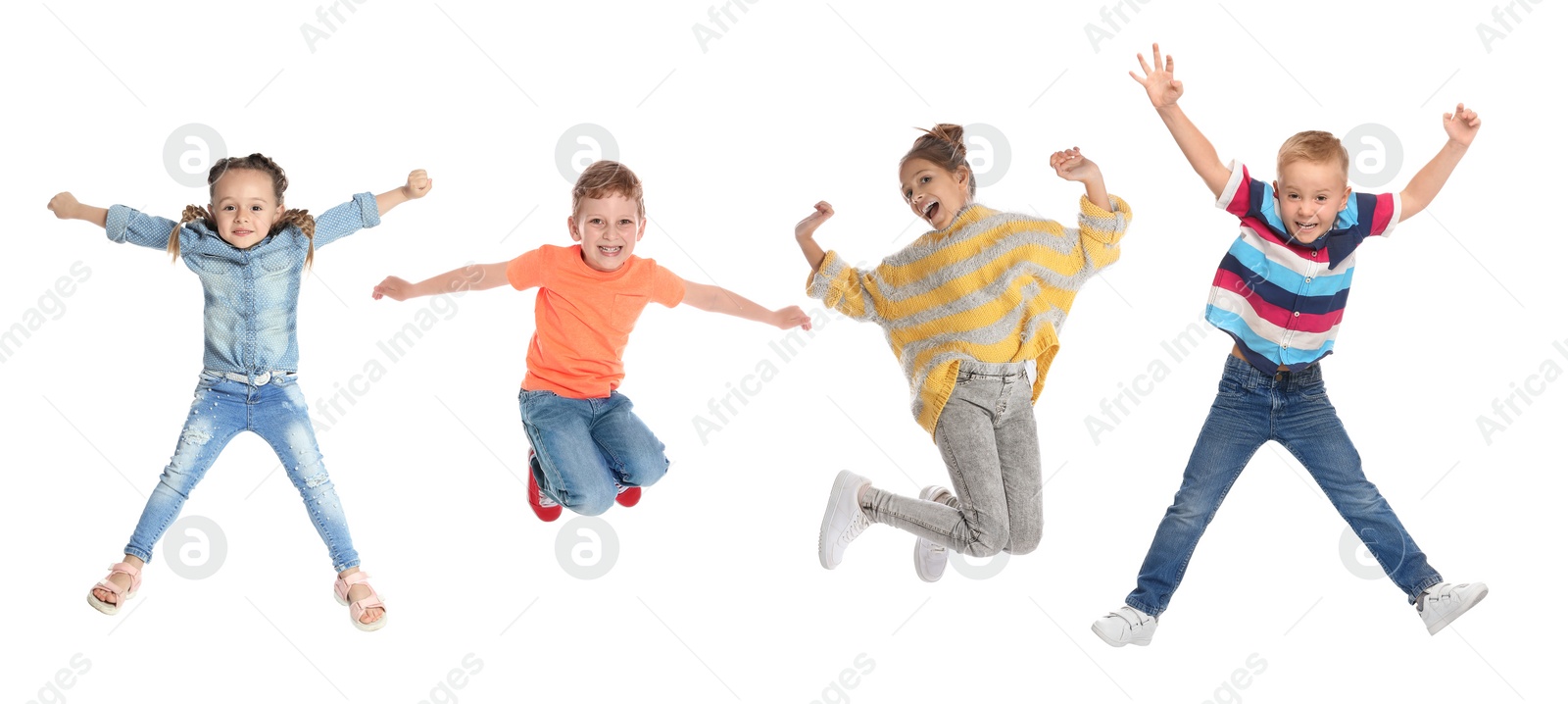 Image of Cute little children jumping on white background, collage. Banner design