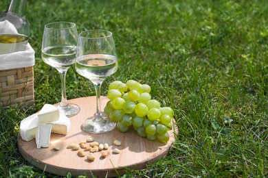 Photo of Delicious white wine, grapes, cheese and nuts on green grass outdoors. Space for text